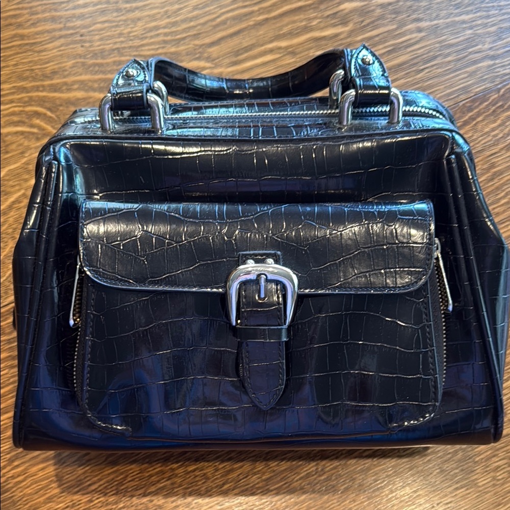 Black Croc-Embossed Handbag with Silver Accents